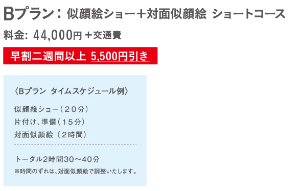 Bプラン： 似顔絵ショー＋対面似顔絵 ショートコース。料金: 39,800円＋交通費。早割二週間以上 5,000円引き