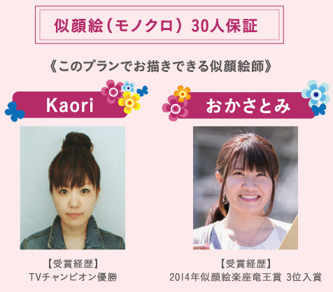 このプランでお描きできる似顔絵師|Kaori(受賞経歴 TVチャンピオン優勝)、おかさとみ(受賞経歴 2014年似顔絵楽座竜王賞3位入賞)